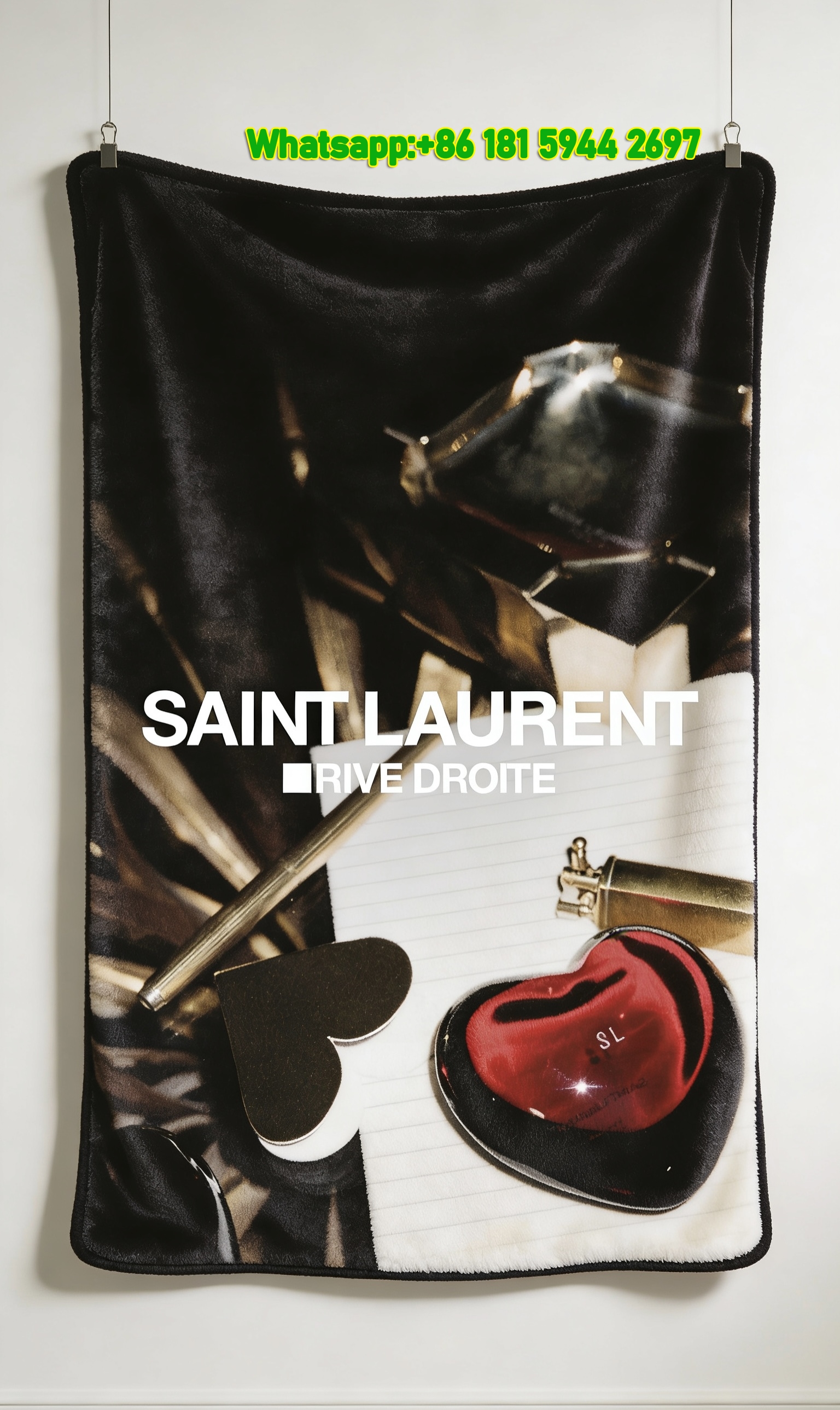 Yves Saint Laurent YSL Black Red Gold Heart Print Flannel Throw Blanket IMG_3262